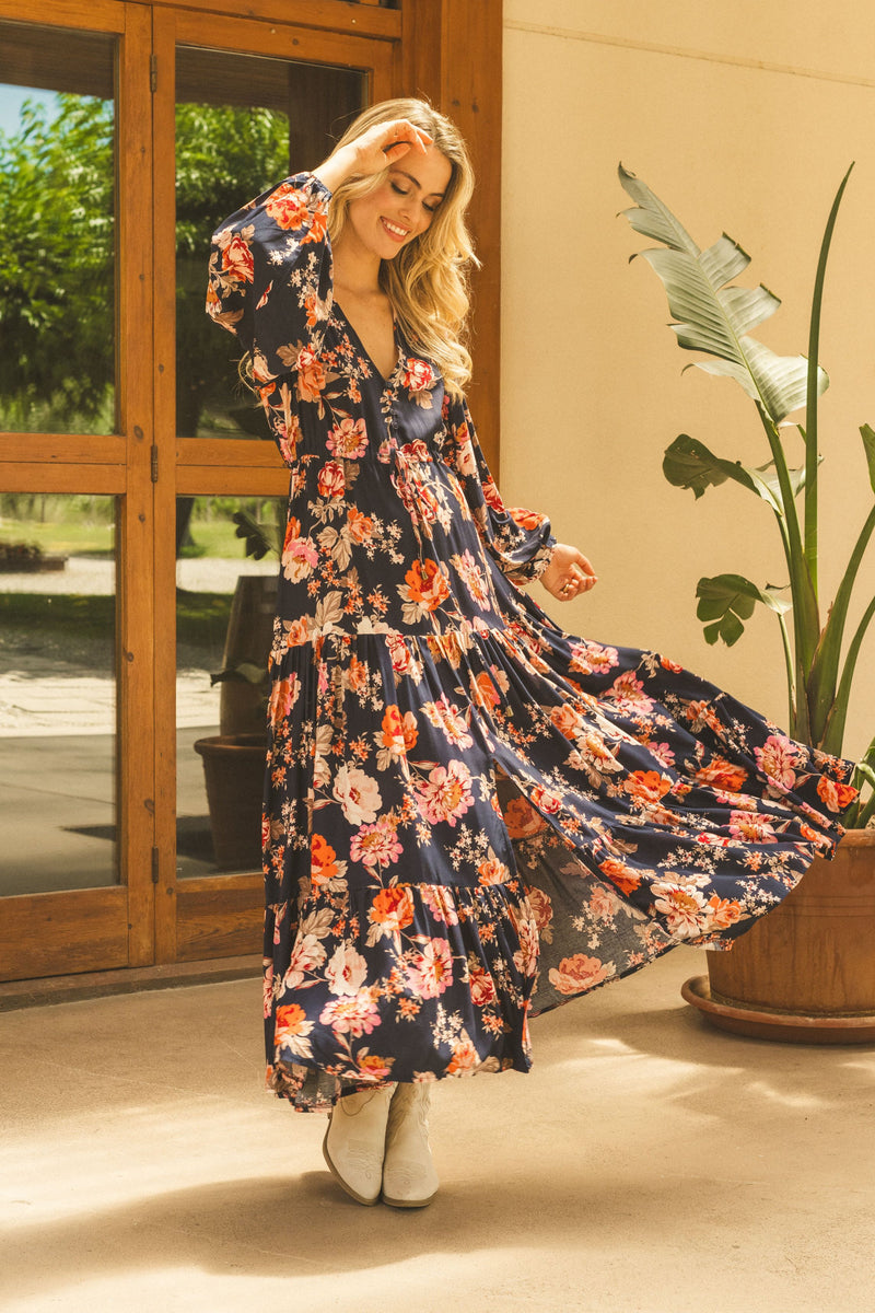 Jaase - Winter Rose navy print Teresa maxi