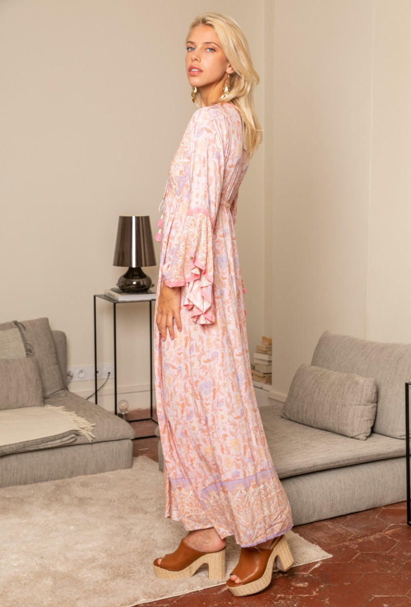 Fra Paris - Long bohemian dress with flared sleeves and V-neck