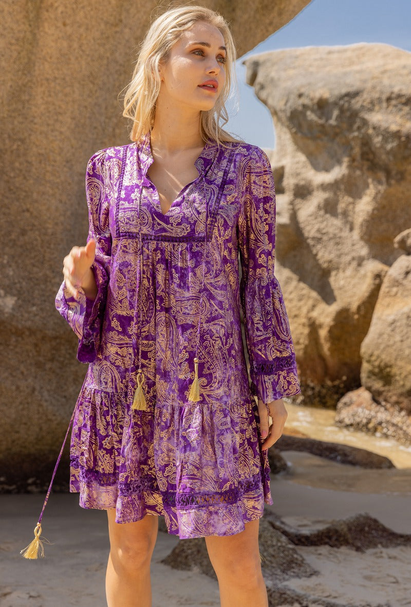Fra Paris - Mid-length dress printed with gold effect, flared sleeves