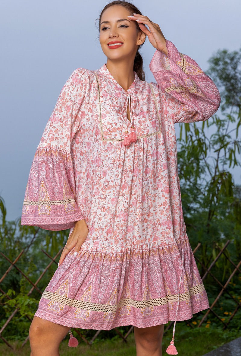 Fra Paris - Tunic dress in gold-effect bohemian print with cord decorated bells