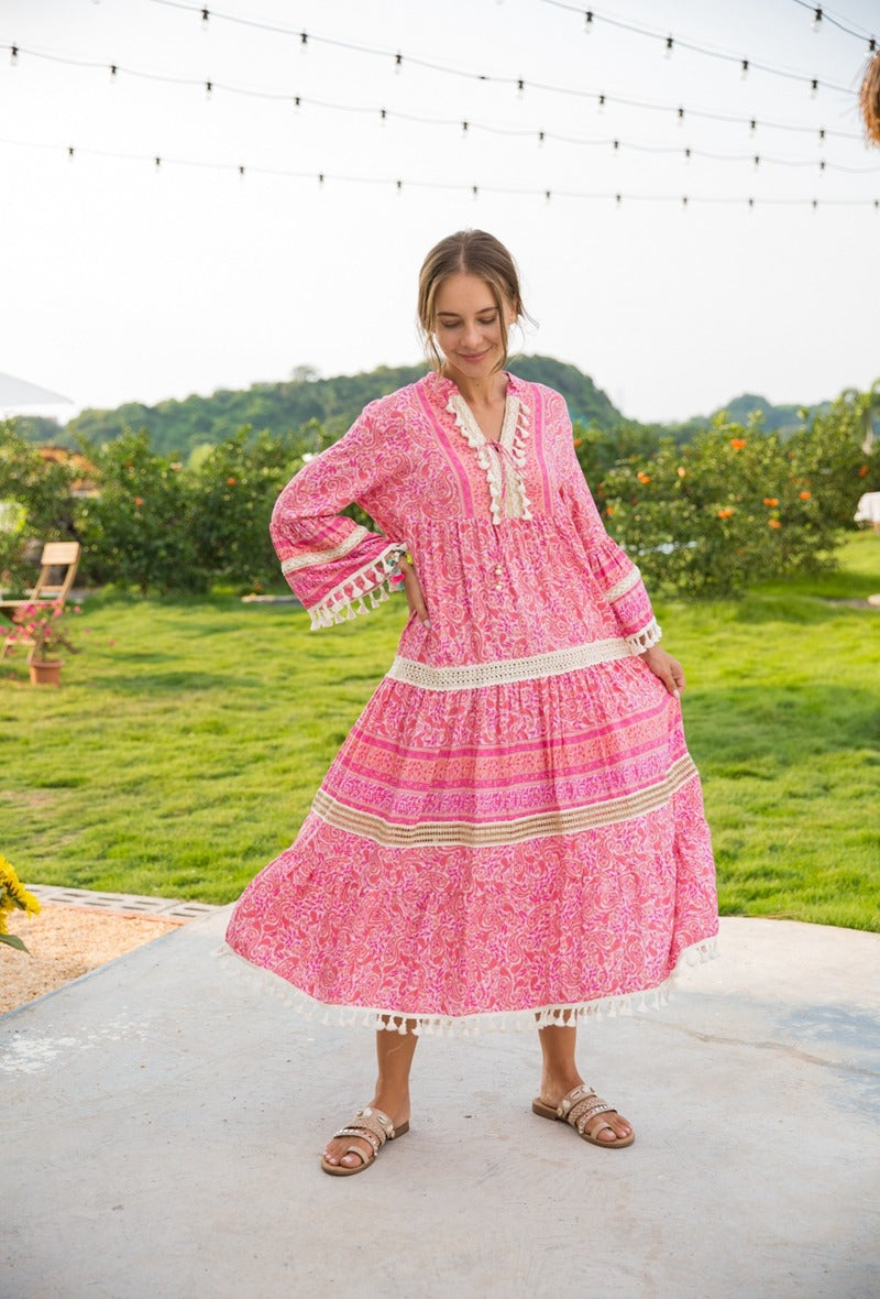 Long bohemian print dress (pink)
